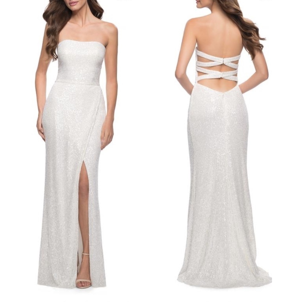 NWT La Femme Glitter Sequin Strapless Criss Cross High Slit Gown in White Sz. 0